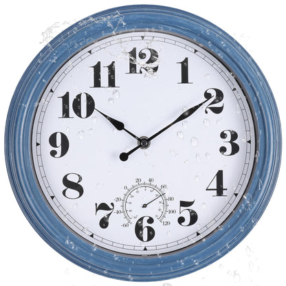 Aurowit Outdoor Clock Waterproof 14 Inch Outdoor Clocks with Thermometer Combo Wall Clock Battery Operated Non-Ticking Blue Clocks for Patio Pool