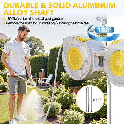 5/8" x 100 ft Retractable Garden Hose Reel, Heavy Duty Water Hose Reel Wall Mounted, Any Length Lock, 180°Swivel, Water Hose with 8-Function Nozzle for Cleaning, Watering(Yellow)