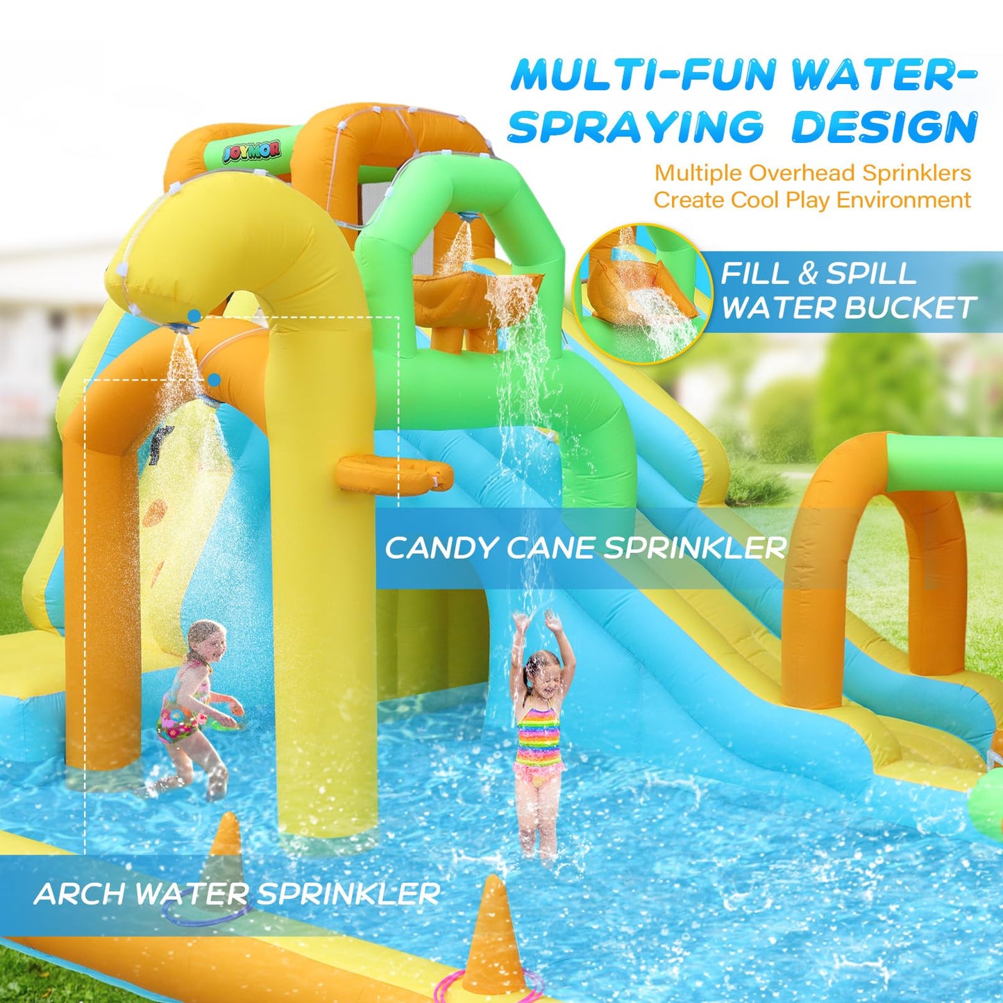 JOYMOR 10-in-1 Inflatable Water Slide Bounce House w/Water Bucket, Tunnel, Water Cannon, Basketball Hoop, 1min Blow Up Water Slide (Include Air Blower), Backyard Water Slide Park for Ages 3-10Y