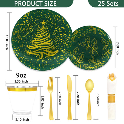 qonimi 175PCS Christmas Party Supplies - Christmas Plastic Dinnerware Set for 25 Guests, 50 Dinner Plates, 25 Cups, 25 Pre-Rolled Napkins with Plastic Cutlery, Gold Tree Design for Party