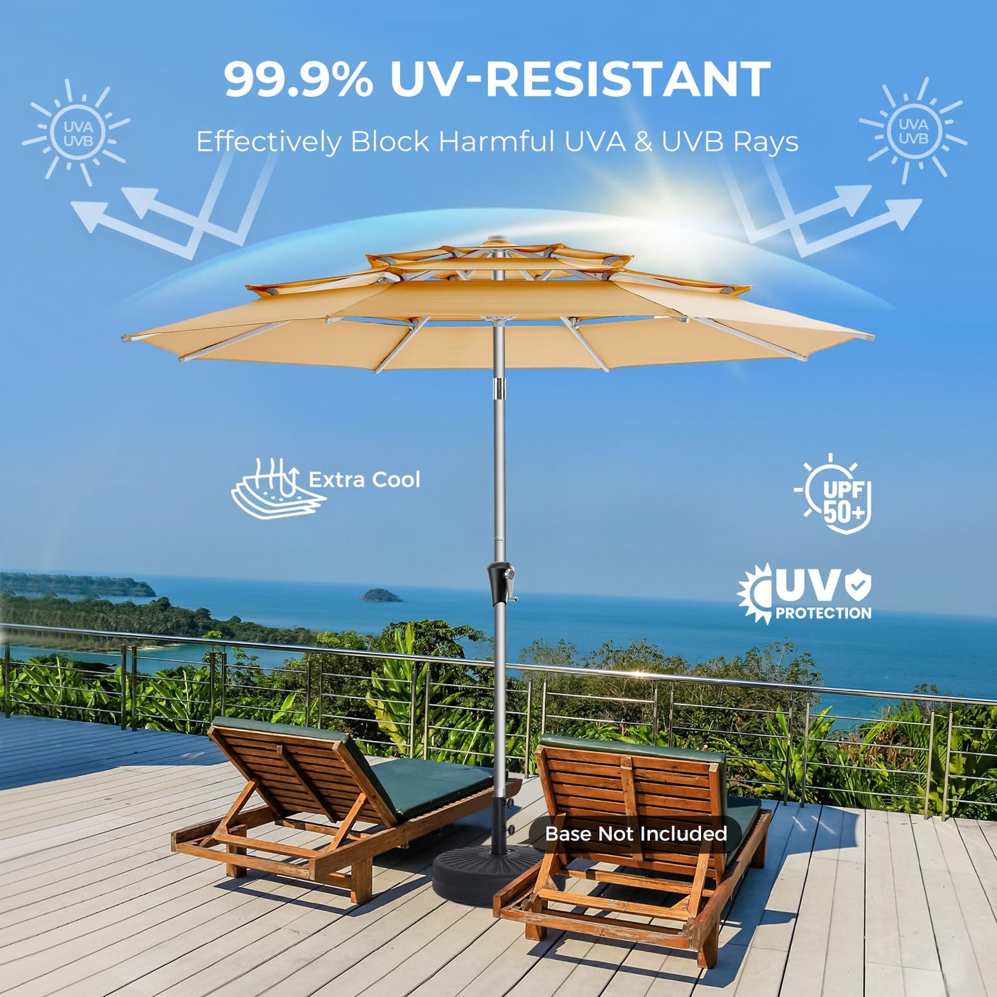 HOMSHADE 9ft Aluminum Patio Umbrella - 3 Tiers Vented Outdoor Commercial Market Table Umbrella, Heavy Duty Wind Proof Deck Pool Umbrellas UPF50+ UV Protection 5-Year Fade Resistant (Beige)