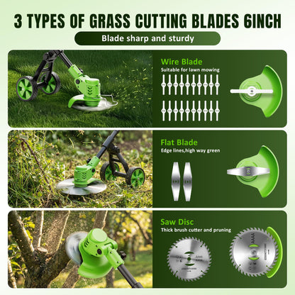4-in-1 Cordless Weed Wacker with Wheels, 4000mAh Battery Powered Stringless Weed Eater, Brushless Grass Trimmer with 2 Batteries, 3 Blade, Adjustable Head, Lightweight Lawn Edger Brush Cutter