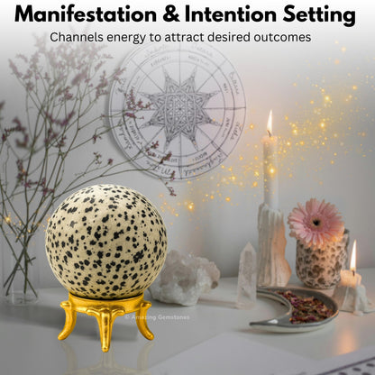 Amazing Gemstone Dalmatian Jasper Crystal Ball with Stand - 2 Inches Crystal Sphere Meditation Balls for Witchcraft and Decorative Balls