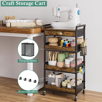 XYZLVSI 4 Tier Rolling Utility Cart Organizer with Removable Drawer, Small Coffee Stand Station with Wheels, Metal Craft Storage Cart for Living Room, Entryway, Bathroom, Office, Makeup