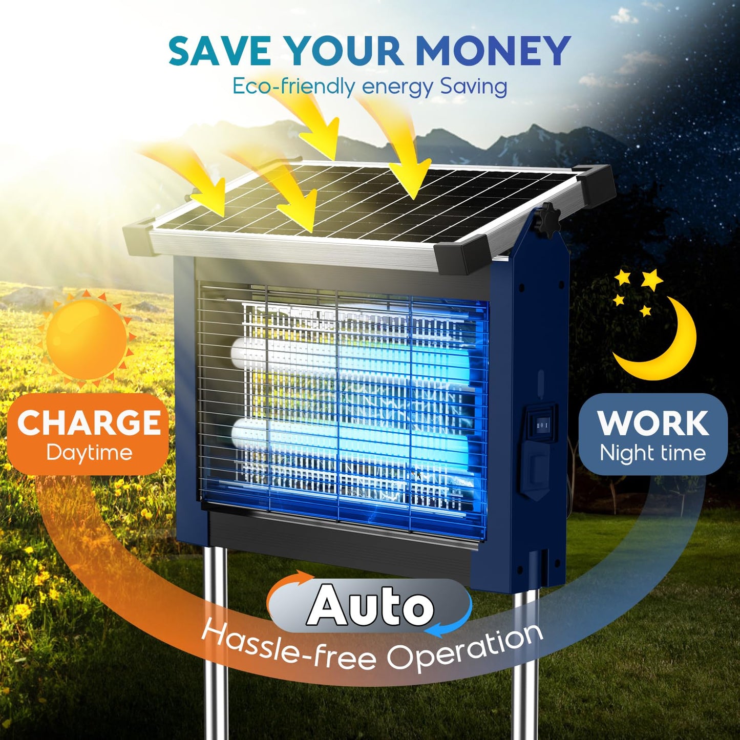 Solar Bug Zapper Outdoor, PhatroyYee Mosquito Zapper 4500V, Waterproof Portable Fly Zapper, Rechargeable Electric Mosquito Killer, Cordless Fly Insect Mosquitos Trap for Patio Yard Camping BBQ(Blue)