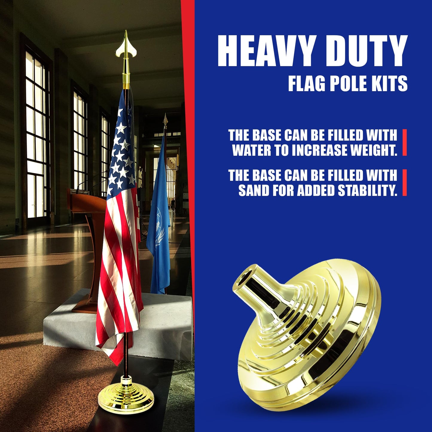 Super Tough Indoor Flag Pole kit 7ft - Army Spear - Gold Texture Base - Aluminum Flagpole with Brass Finish - Heavy Duty Inside House Flagstaff - Interior Shaft and Stand - No Ensign Included