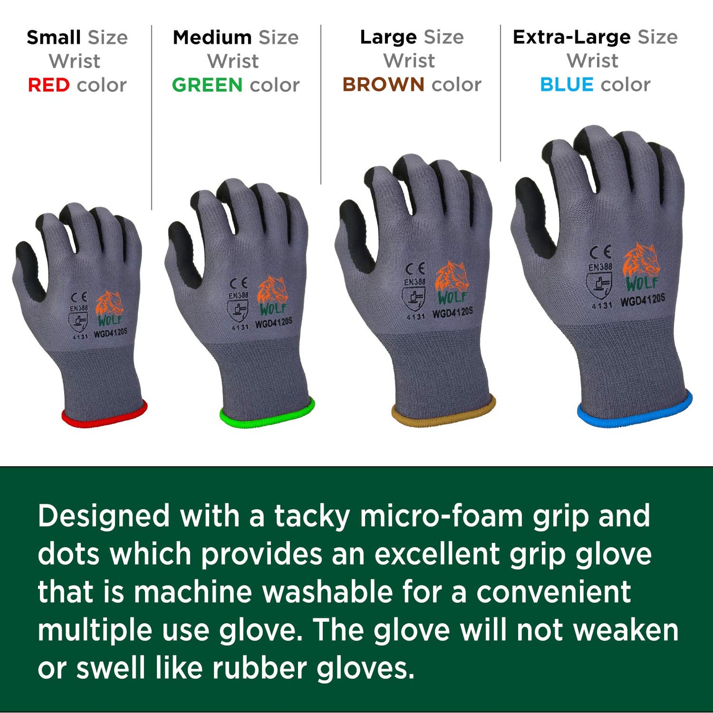 WOLF Ultra-Thin Nitrile Foam Palm Coated Glove with Tacky Dot Grip, Multi Purpose (12, Small)