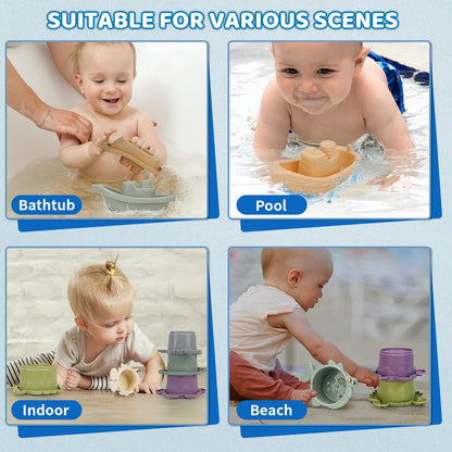 SLTBEH Baby Bath Toys for Toddlers 1-3, 14 Pcs Bathtub Toys for for Kids Age 2-4,Mold Free Bath Boat with Stacking Cup & Watering Can , Water Table Toys for Infants Boys Girls Babies 6-12-18 Months