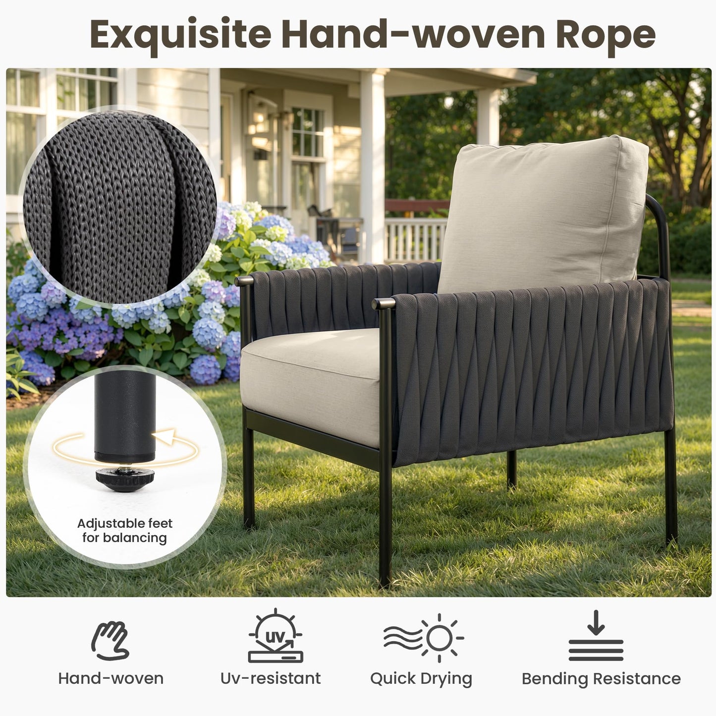 Pamapic 7-Piece Woven Rope Outdoor Furniture Set, Iron Frame Patio Conversation Set with Thick Cushions & 2 Coffee Tables, All-Weather Sectional Patio Furniture Set for Backyard, Porch, Grey