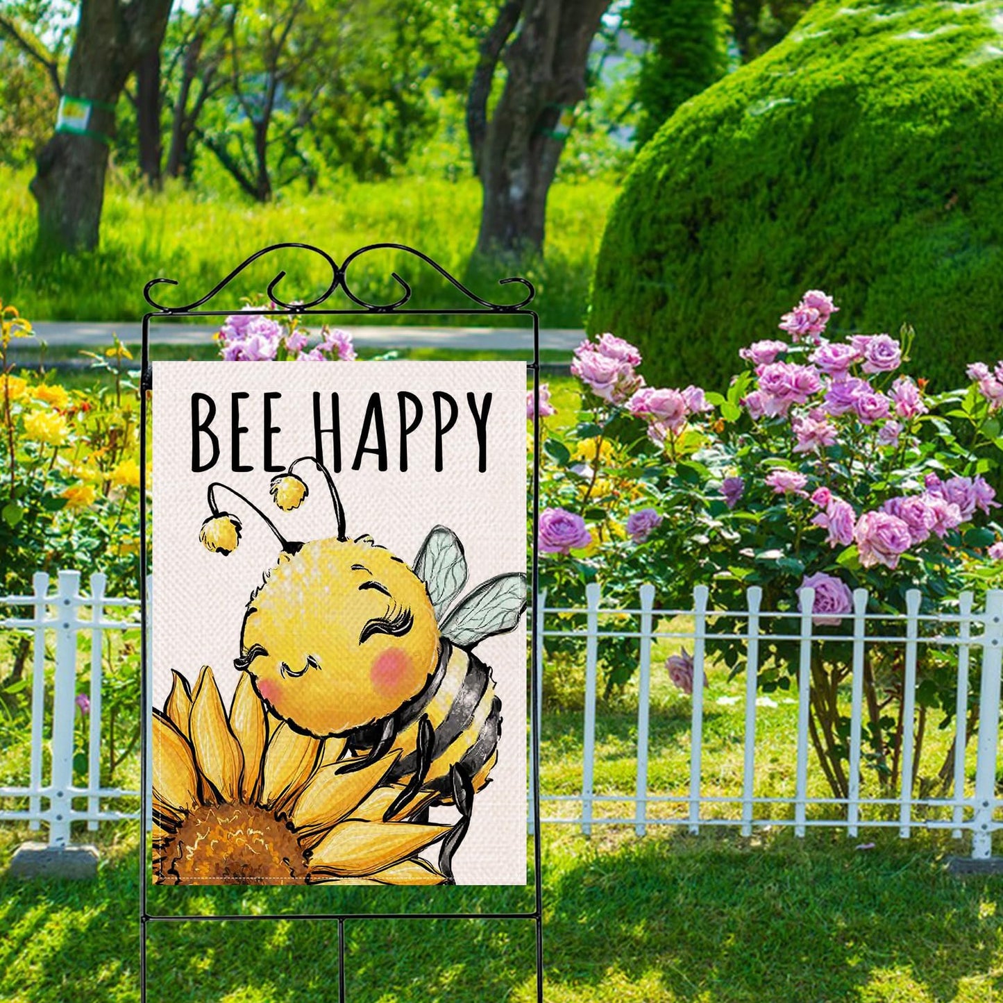 Artofy Spring Summer Bumble Bee Sunflower Large Decorative House Flag, Bee Happy Flower Floral Yard Garden Outside Decor, Honeybee Seasonal Burlap Outdoor Home Decoration Double Sided 28 x 40