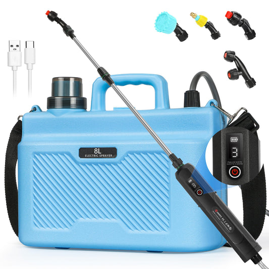 Battery Powered Sprayer 2 Gallon, 7.4V Powerful Electric Garden Sprayer, Rechargeable Weed Yard Lawn Sprayers with 4 Mist Nozzles, Retractable Wand, Adjustable Shoulder Strap