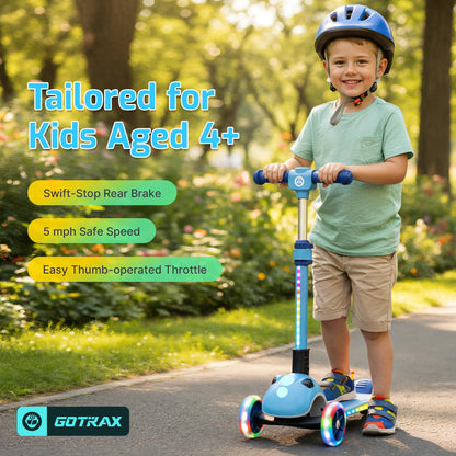 Gotrax SK1 Foldable Electric Scooter for Kids 4+, Full Body LED Light, 90min Riding& 5Mph Speed, Push-Button Throttle&Battery Indicator, 6'' Wheel & 3 Adjustable Height, 3 Wheel Escooter,Gift,Blue