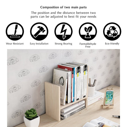 Jerry & Maggie Desktop Organizer Office Storage Rack Adjustable Wood Display Shelf Free Style Double H, Multi-Functional Mini Bookshelf for Desk Natural Stand (White Wood Tone)