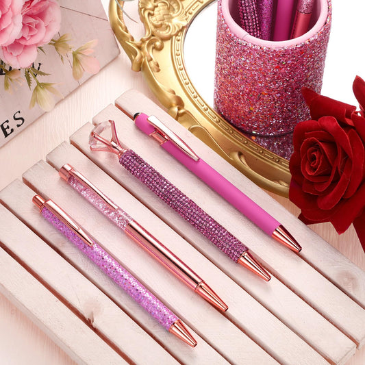Sabary 8 Pcs Shiny Pink Pens with Pen Holder for Desk Glitter Crystal Diamond Cute Ballpoint Fancy Pencil Holder Bling Desk Organizer for Women Girls School Office Supplies Wedding Graduation Gifts