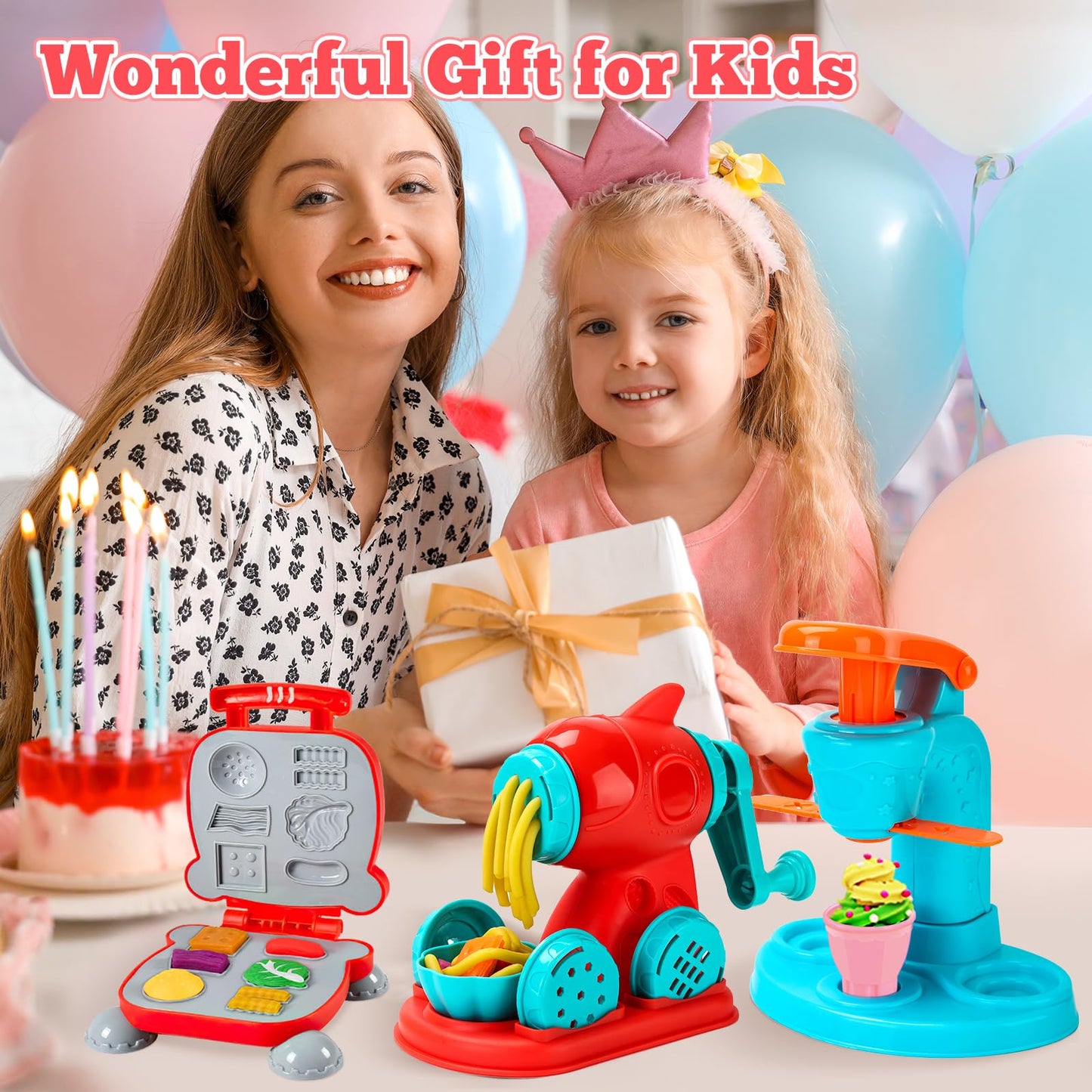 SOCBTNSO 3 in 1 Dough Sets 59 PCS for Kids Ages 4-8, Dough Tools Kit with Ice Cream Noodle Hamburger Maker Machine, Kitchen Creations Art Crafts Food Play Toys for Boys Girls Kids Toddlers Ages 3+