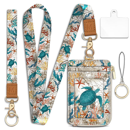 Mavellin Lanyard Wallet with Id Badge Holder, Sea Turtle RFID Small Keychain Wallet Women Wristlet, Cute Zipper Credit Card Holder Phone Wrist Neck Strap for Key Name Tag, Teacher Student Office Gifts