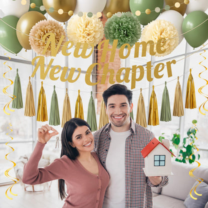 New Home New Chapter Housewarming Decorations Set, Sage Green Gold Boho Welcome Home Party Decor Kit with Banner, Balloons, Tassels & Garland