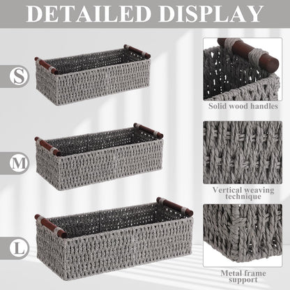 Boao 3 Pcs Boho Storage Wicker Baskets Handmade Woven Decorative Paper Rope Baskets for Organizing with Handle Countertop Toilet Paper Storage Container for Toilet Tank Top(Grey,Rectangle)