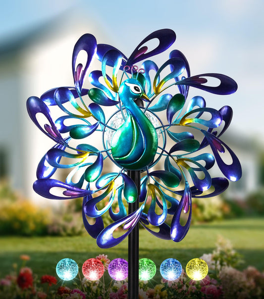 VUFOZ Peacock Wind Spinners Outdoor for Garden, Colorful Metal Kinetic Yard Art with Radial Motion, Decorative Outdoor Wind Sculpture for Lawn, Patio & Walkway