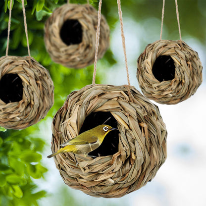 winemana 4 Pack Hanging Bird Nest House for Outside, Ball Shape, Hand Woven, Durable Sturdy, Made of Natural Grass, Perfect for Garden Patio Lawn Office Indoor