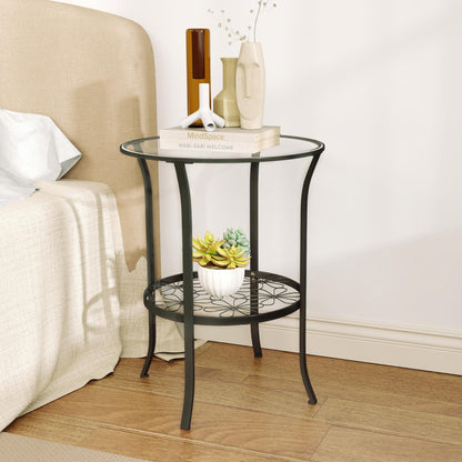 DDK 2-Tier Round Side Table with Tempered Glass Top & Decorative Floral Metal Shelf, Outdoor End Table for Patio Balcony, Indoor Accent Table for Living Room Bedroom