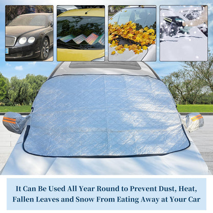 ICWEIMEI Car Windshield Snow Cover, 4-Layer Protection for Snow, Ice, Frost, Sunlight, Large Magnetic Car Windshield Cover with Side Mirror Protector Fit for Large Cars, SUV, Truck, Van in All Weather