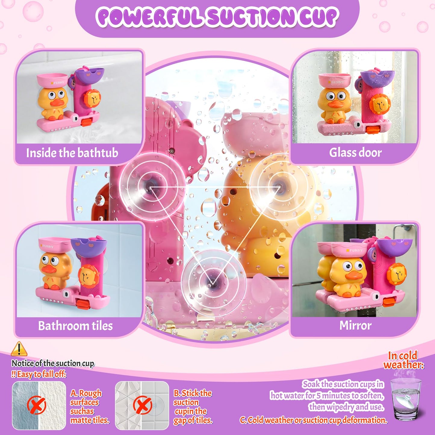 Baby Bath Toys for Kids Ages 1-3 Interactive Toddler Bath Toys Duck Learning Mold Free Shower Tub Toys for 1+ Year Old Girl Gifts with 3 Stacking Cups & 1 Water Spoon(Pink)