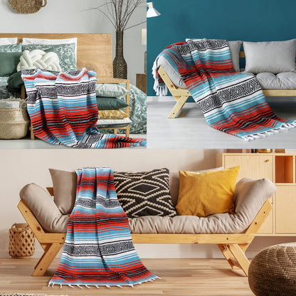 Oudain Mexican Blanket Woven Authentic Cotton Falsa Throw 45 x 70 Inch – Authentic Baja Serape Saddle Blanket Outdoor for Restorative Yoga, Beach, Picnic, Couch, Car Travel(Boho Festival)