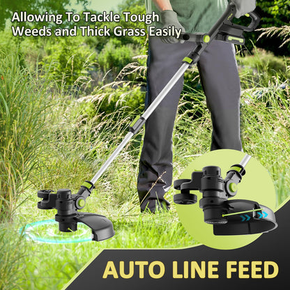 20V Cordless String Trimmer, 2.0Ah Battery Powered with Fast Charger, 12'' Grass Cutter with Auto Line Feed, 3-in-1 Electric Lawn Mower Grass Trimmer & Edger Lawn Tool with 8 Lines for Yard, Garden