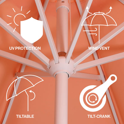 JONATHAN Y UMB1002H Tracy 9 ft. Classic MidCentury Scalloped Fringe Market Patio Umbrella with Auto-Tilt Crank, Wind Vent and UV Protection in Coral Pink/White, White Pole