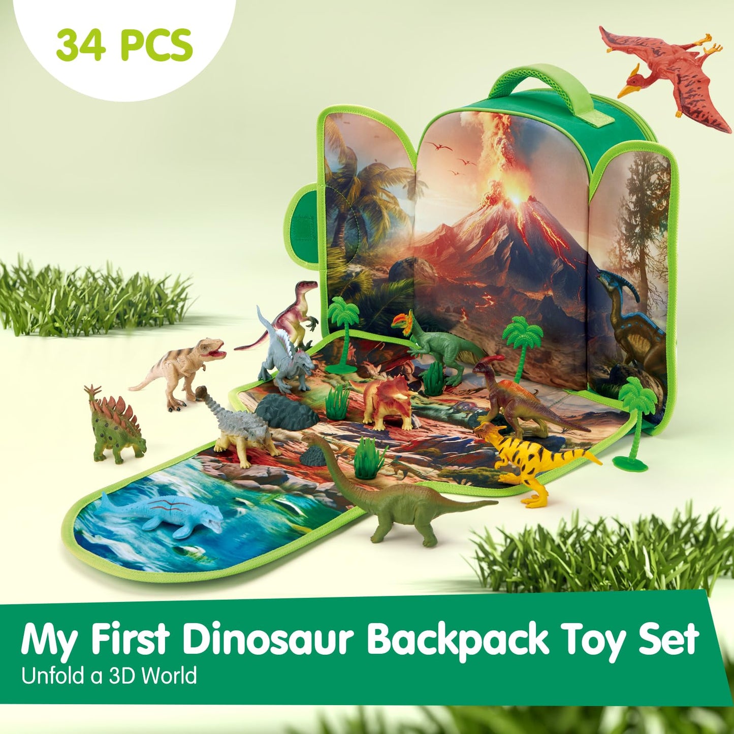 COCO&Friends Dinosaur Toys for Kids 3-5 - Portable Dinosaur Backpack Play Set with Foldable 3D Mat, Pretend Play Toy for 4 Year Old Boy Birthday Gift - Travel Outdoor Beach Toys for Kids Ages 4-8