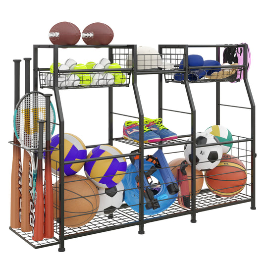 LUMAMU Small Garage Sports Equipment Organizer,Ball Storage Rack with Elastic Rope,Garage Organizer System, Indoor/Outdoor Shelf Rack for Sports Gear and Toys Storage