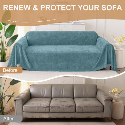 Smiry Couch Cover for Dogs, Washable Chenille Sofa Covers for 3 Cushion Couch, Soft Sofa Slipcover for Pets, Thick Sectional Furniture Protector with Tassels (Blue, 88.5x134 Inch)