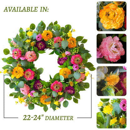 CHvista Spring Wreaths for Front Door 24 Inch Outdoor Spring Wreath with Peony Rose Ranunculus & Eucalyptus,Handmade Silk Summer Wreaths for Front Door,Spring Door Wreath for Porch Home Wall Window