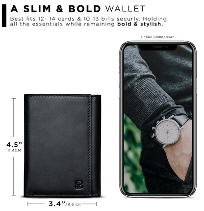 SERMAN BRANDS Trifold Wallet for Men - RFID Blocking Genuine Leather, 11 Card Slots & ID Window, Slim Everyday Carry, Durable Stitching, Gift for Him