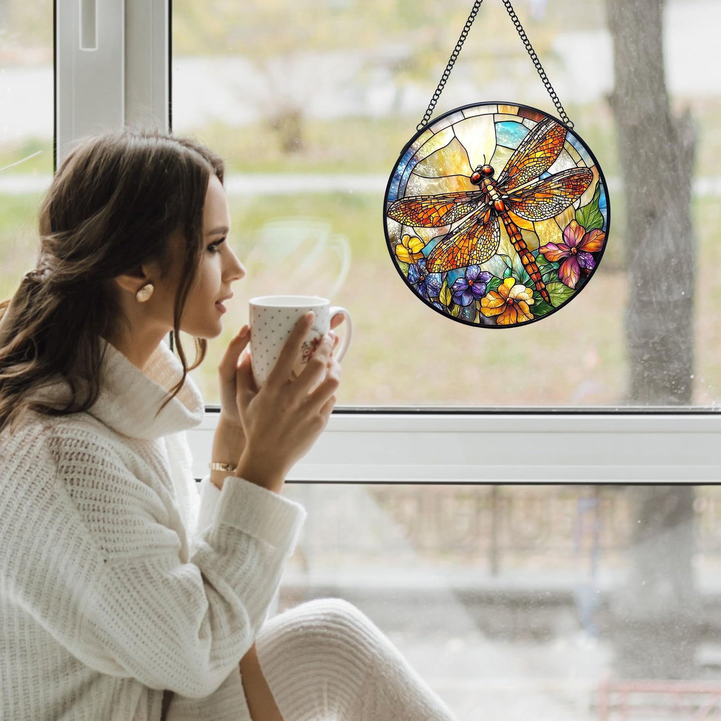 Yjeslw Dragonfly Flower Stained Glass Window Hanging Suncatchers, Dragonfly Sun Catchers Indoor Window Glass Wall Art Decor, Nature Insect Floral Wall Hanging Decorations Sculptures, 7.9x7.9in