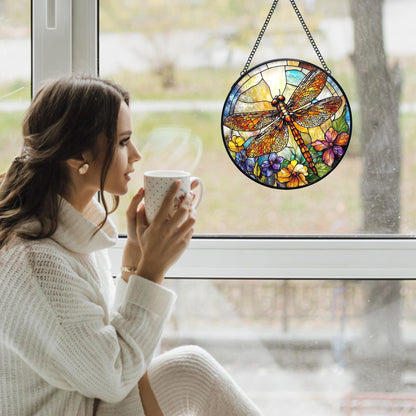Yjeslw Dragonfly Flower Stained Glass Window Hanging Suncatchers, Dragonfly Sun Catchers Indoor Window Glass Wall Art Decor, Nature Insect Floral Wall Hanging Decorations Sculptures, 7.9x7.9in