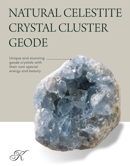 KALIFANO Raw AAA+ Celestite Crystal Cluster Geode - High Energy Natural Celestine Stone - Reiki Wicca Celestita Rock with Healing and Calming Effects (Family Owned and Operated)