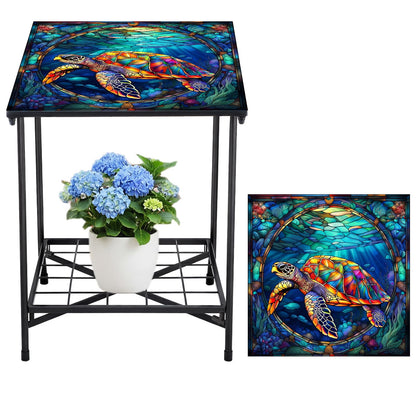 Cinnvoice Outdoor Side Table 2-Tier Storage Square Small Mosaic Patio Accent Indoor End Plant Coffee Tea Table for Yard Patio Porch Garden Living Room, Bedroom(Turtle Style)