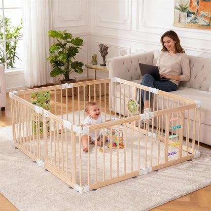 Wooden Baby Playpen, Large Foldable Play Yard for Babies and Toddlers, 57"x57"x24" Montessori Play Fence with Activity Center,Easy Fold & Safety Gate for Indoor Play Area