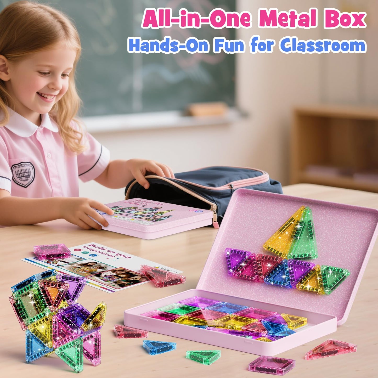 WMXDU 42-Piece Glitter Magnetic Tiles Travel Set with Pink Metal Box - Portable STEM Building Blocks for Kids Ages 3-8 Boys & Girls STEM Montessori Educational Toys for Airplane Car Rides