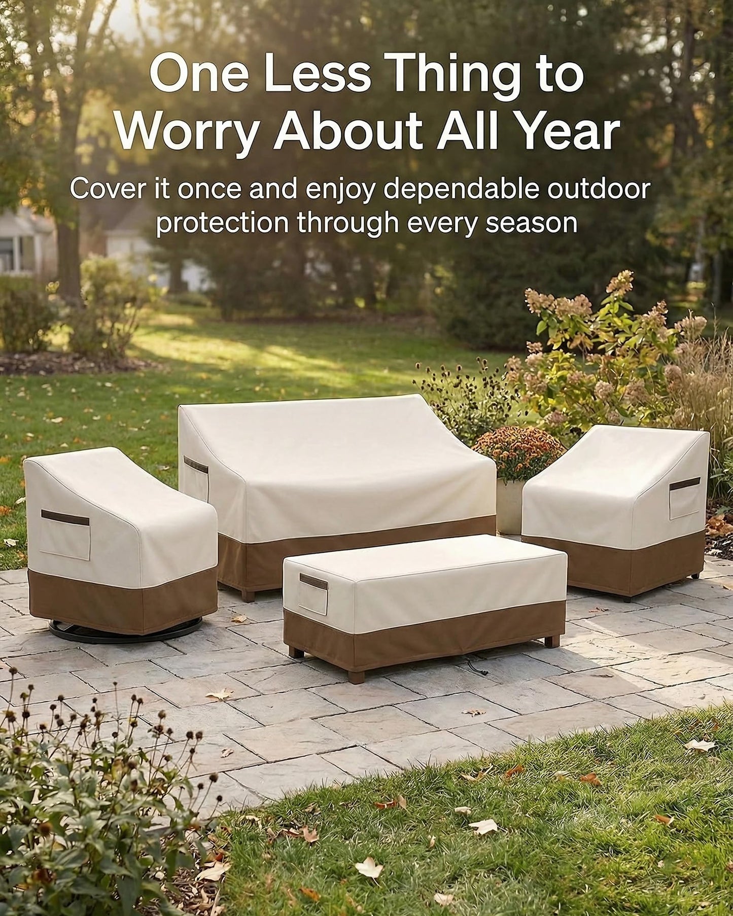 4-Piece Patio Furniture Cover Set, Waterproof Outdoor Furniture Covers for 3-Seater Sofa, Patio Chairs & Coffee Table, Heavy-Duty 600D, Fade&UV-Resistant, Breathable, All-Season Protection,Beige&Brown