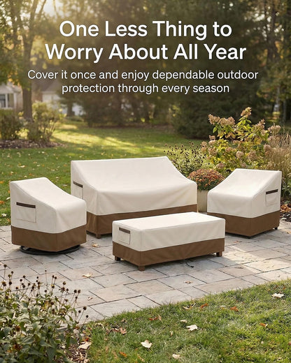 4-Piece Patio Furniture Cover Set, Waterproof Outdoor Furniture Covers for 3-Seater Sofa, Patio Chairs & Coffee Table, Heavy-Duty 600D, Fade&UV-Resistant, Breathable, All-Season Protection,Beige&Brown