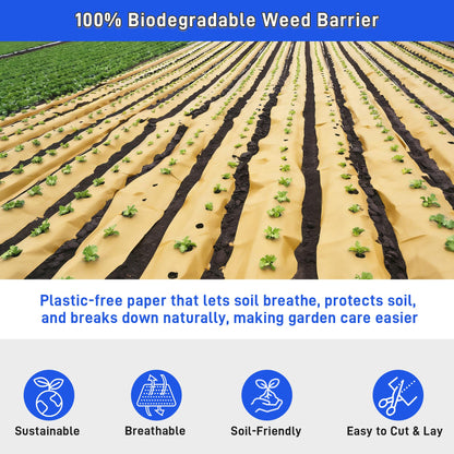 4 x 100 Ft Biodegradable Weed Barrier, Heavy Duty Garden Paper Biodegradable Landscape Fabric for Weeds Control, Thick Paper Garden Mulch Rolls Weed Grass Blocker Paper Mat for Garden Lawn Flower Beds