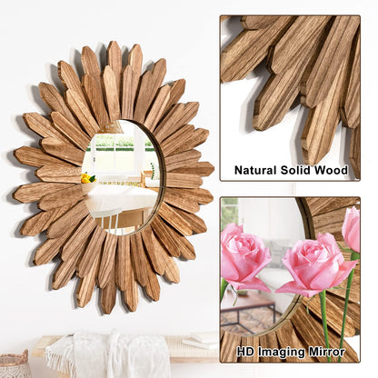 Emfogo Wall Mirror 21 inch Rustic Wood Sunburst Boho Mirror Wall Decor Home Decor for Bedroom Living Room Entryway Farmhouse (Carbonized Black)