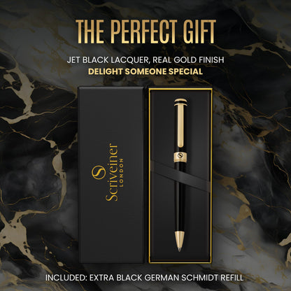 Scriveiner Black Lacquer Ballpoint Pen -Stunning Luxury Pen, Real Gold Plating, Schmidt Black Refill, Best Gift Set for Men & Women, Professional Executive Office, Nice Fancy Designer Pens