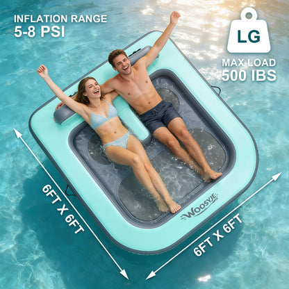 WOOSYJE 2 Person Water Hammock,Sunchill Float,Tanning Pool Floats for Adults,Heavy Duty Drop-Stitch with Mesh Bottom & Backrests,Inflatable Floating Island with Pump