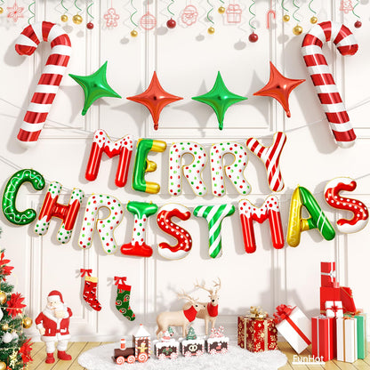 FunHot Merry Christmas Balloons Banner, Donut Merry Christmas Foil Balloons, 16 Inch Xmas Letter Balloon with Mini Candy Cane Green Red Star Balloon for Xmas Indoor Outdoor New Year Party Decor