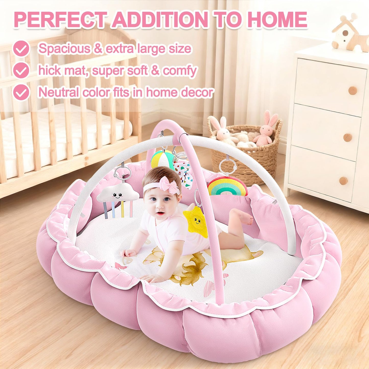 OCATO Baby Play Mat Gym: Baby Girl Gifts Tummy Time Mat Baby Play Gym Thick Large Baby Activity Center from Baby to Toddler Skills Development Baby Essentials Baby Shower Gifts Ball Pit Cat Dog Bed