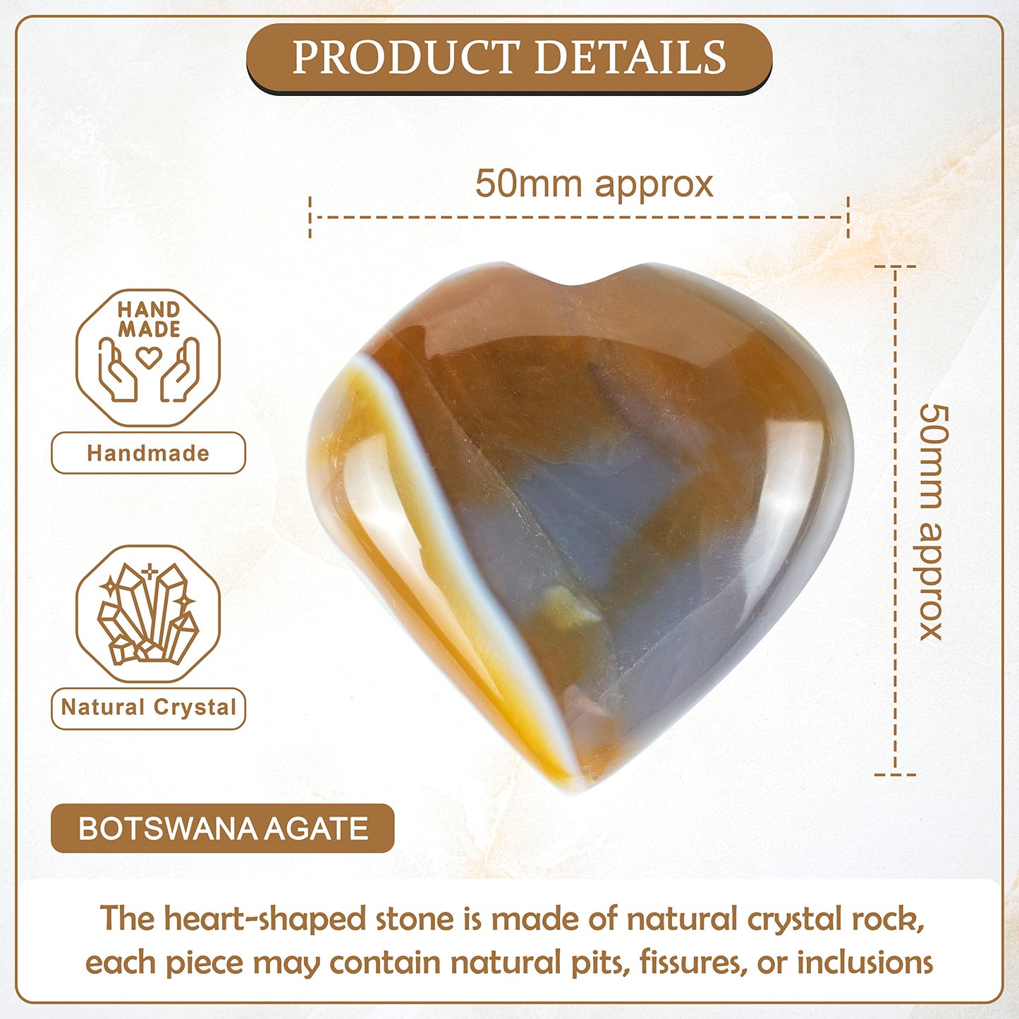 Crocon 50mm Botswana Agate Heart Stone Big Heart Shape Puff Stones Set 450+ Carats Pocket Crystal Healing Tumble Collection Palm Worry Stone Good Luck Charm Meditation Gift Craft Home Decor